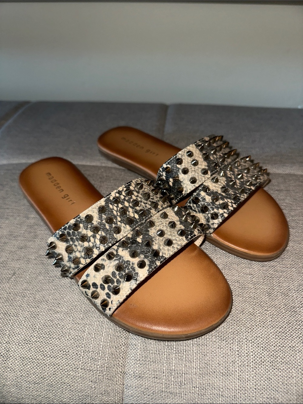 Madden Girl Animal Print Stud Slide Sandals - Tan/Black